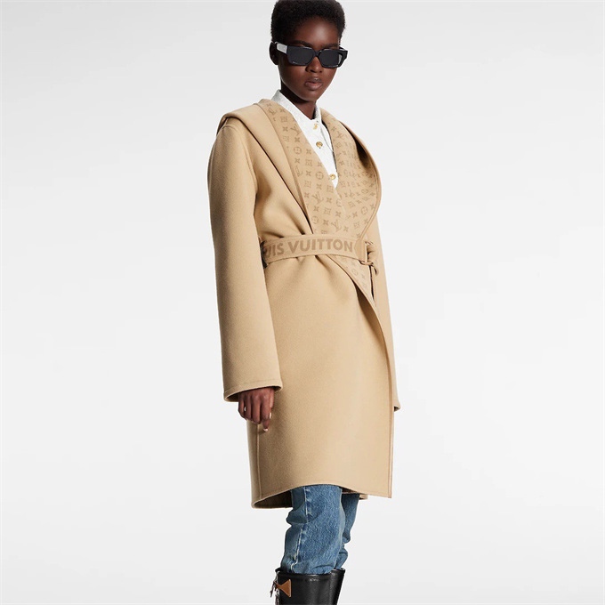 lv louis vuitton monogram lined wrap hooded wool silk blend long coat